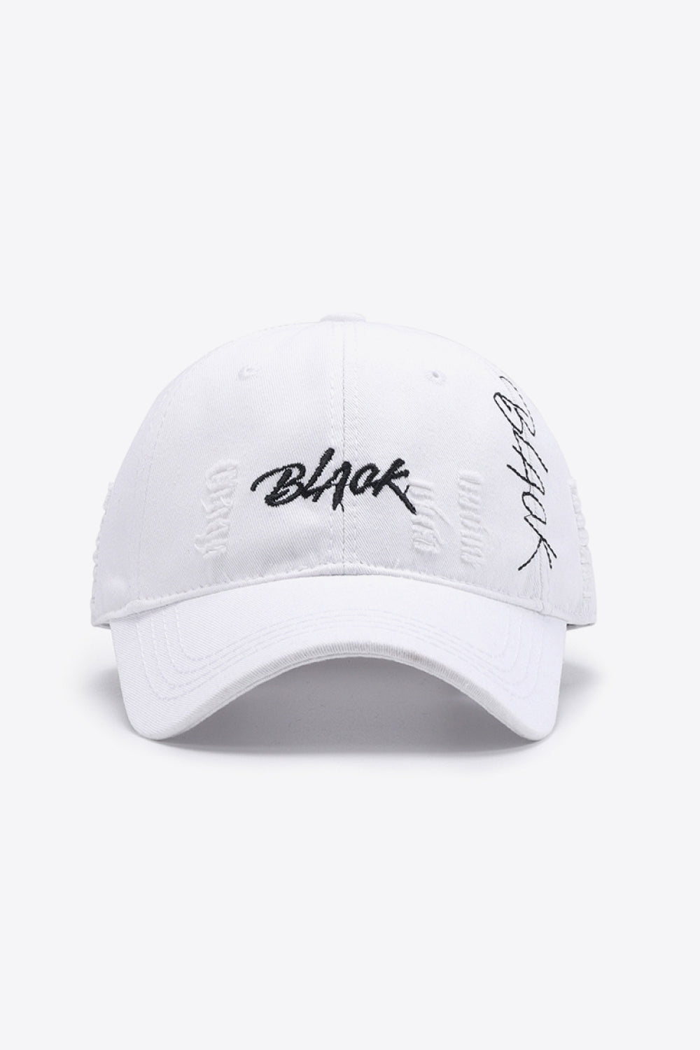 A stylish Letter Graphic Distressed Baseball Cap featuring a trendy embroidered design, made from 100% cotton with a vintage distressed look.