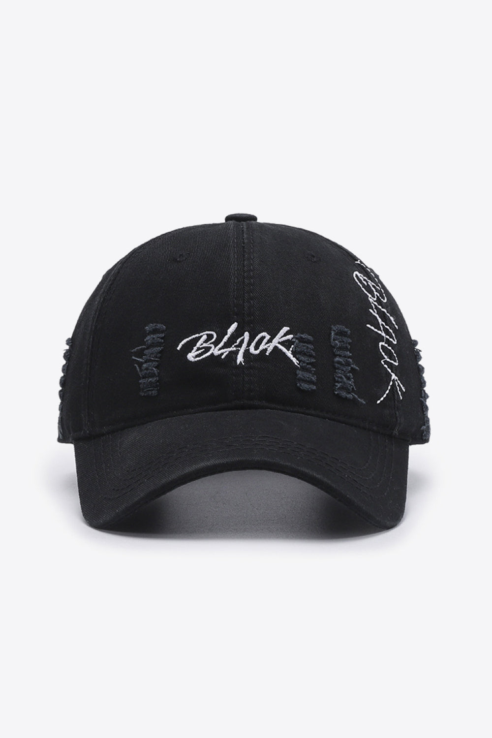 A stylish Letter Graphic Distressed Baseball Cap featuring a trendy embroidered design, made from 100% cotton with a vintage distressed look.