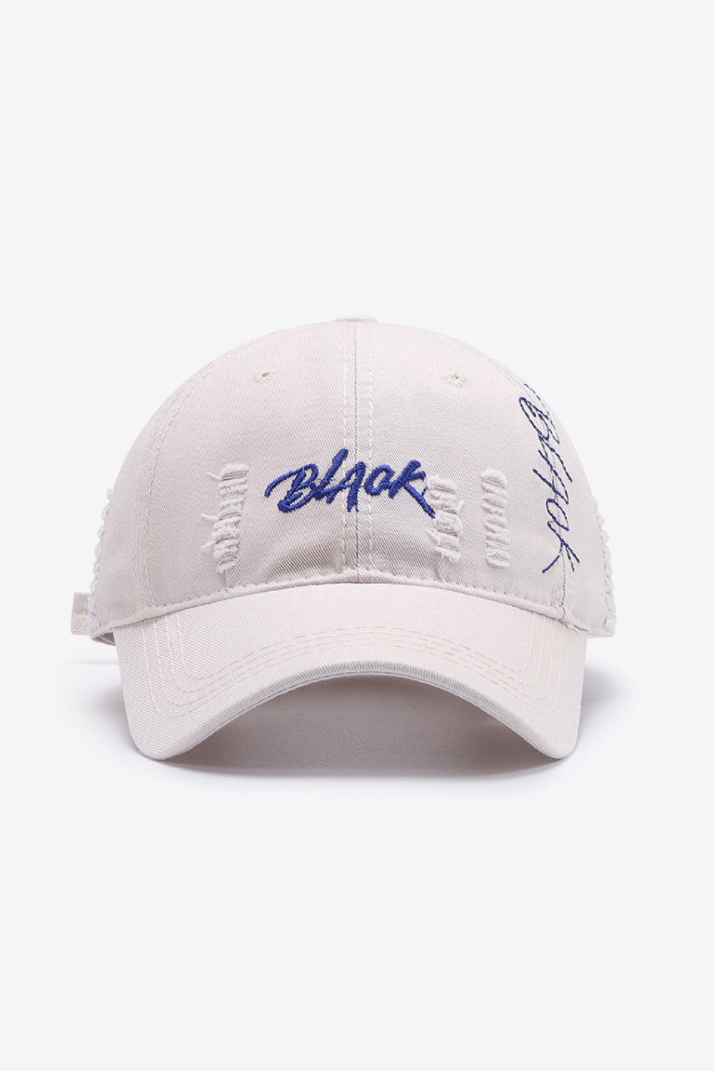 A stylish Letter Graphic Distressed Baseball Cap featuring a trendy embroidered design, made from 100% cotton with a vintage distressed look.