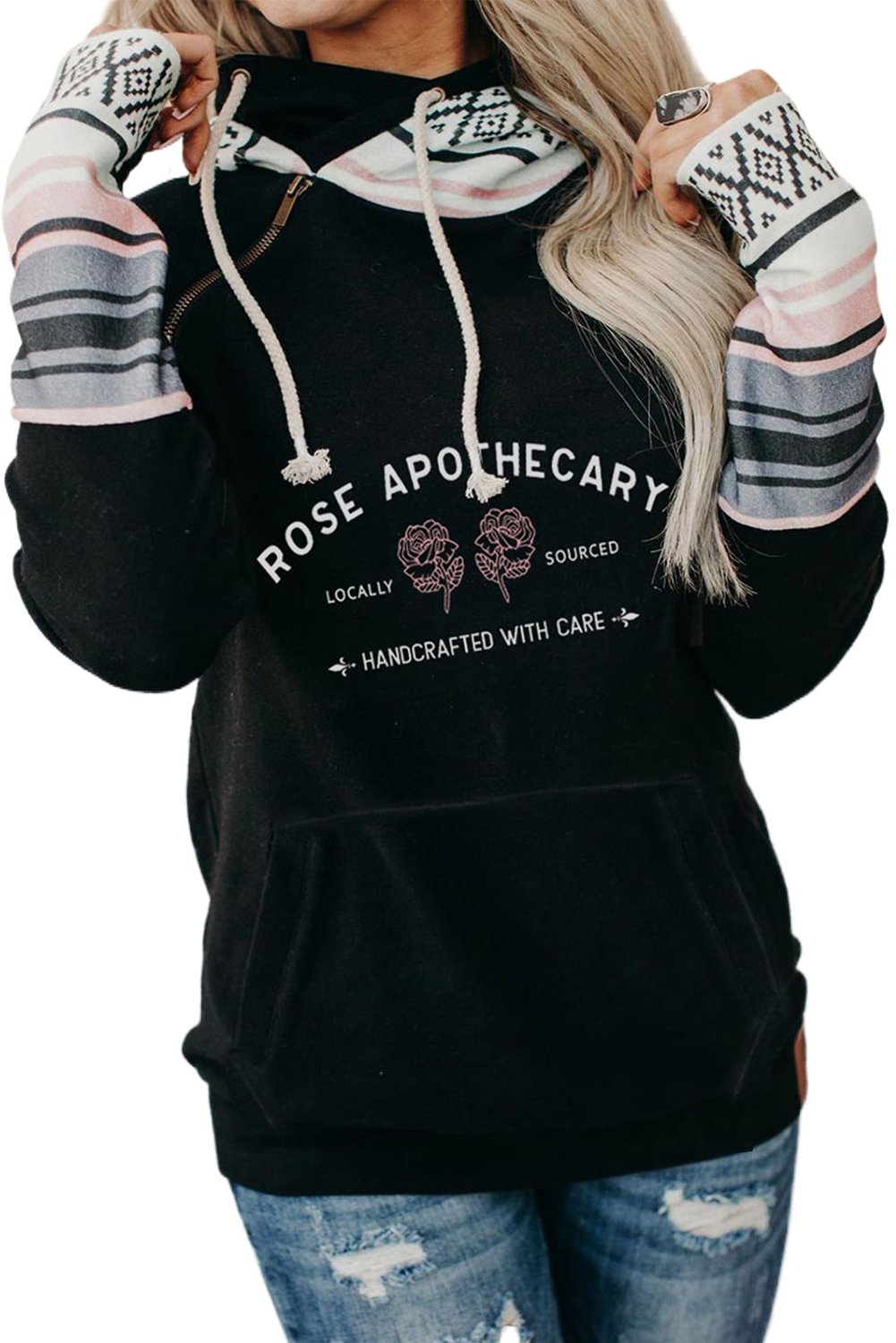 A stylish black hoodie featuring rose and letter prints with colorful striped cuffs and an inclined zipper detail, perfect for casual wear.