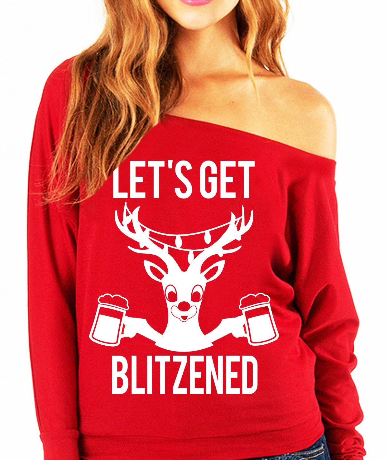 A slouchy Christmas sweatshirt featuring the phrase 'LET'S GET BLITZENED' with beer mugs, available in Christmas Red and Black.