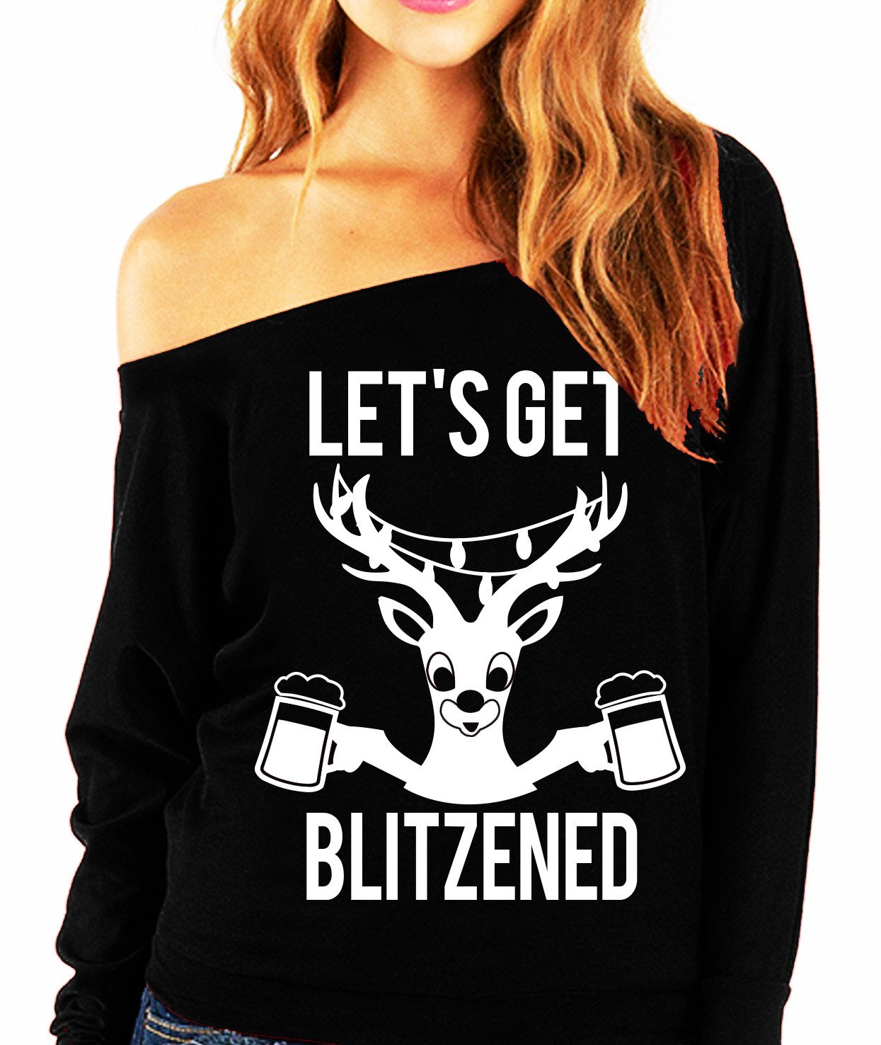 A slouchy Christmas sweatshirt featuring the phrase 'LET'S GET BLITZENED' with beer mugs, available in Christmas Red and Black.