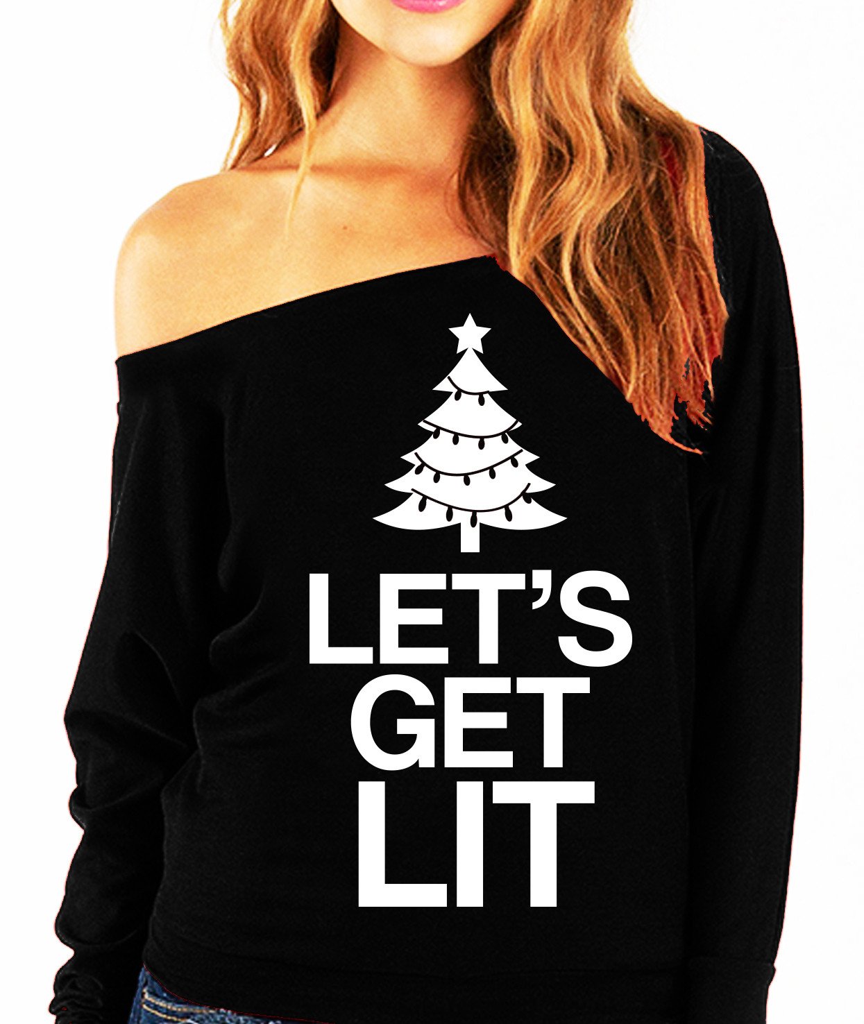 LET'S GET LIT Christmas Slouchy Sweatshirt in Christmas Red and Black, showcasing a fun festive design.