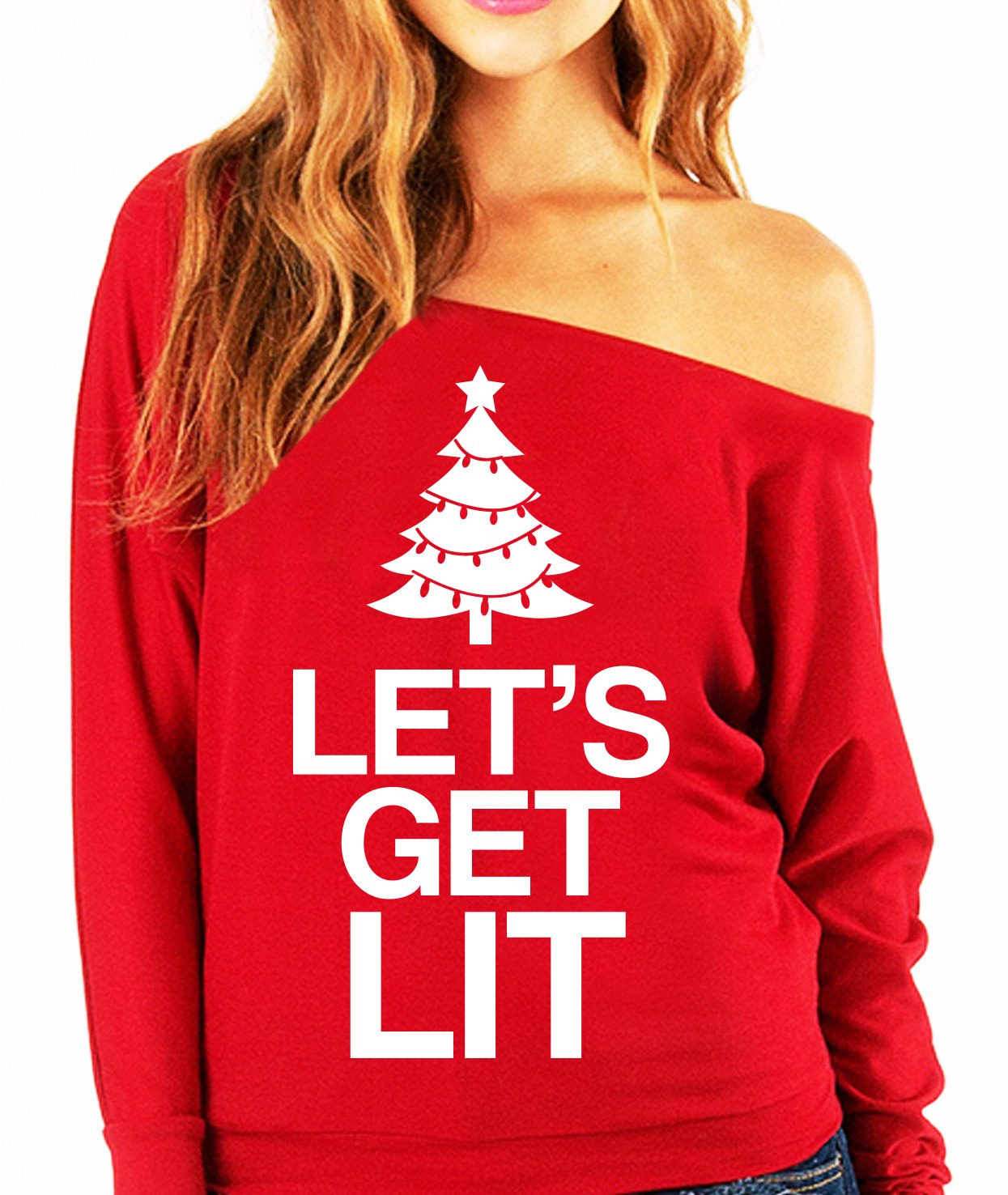 LET'S GET LIT Christmas Slouchy Sweatshirt in Christmas Red and Black, showcasing a fun festive design.