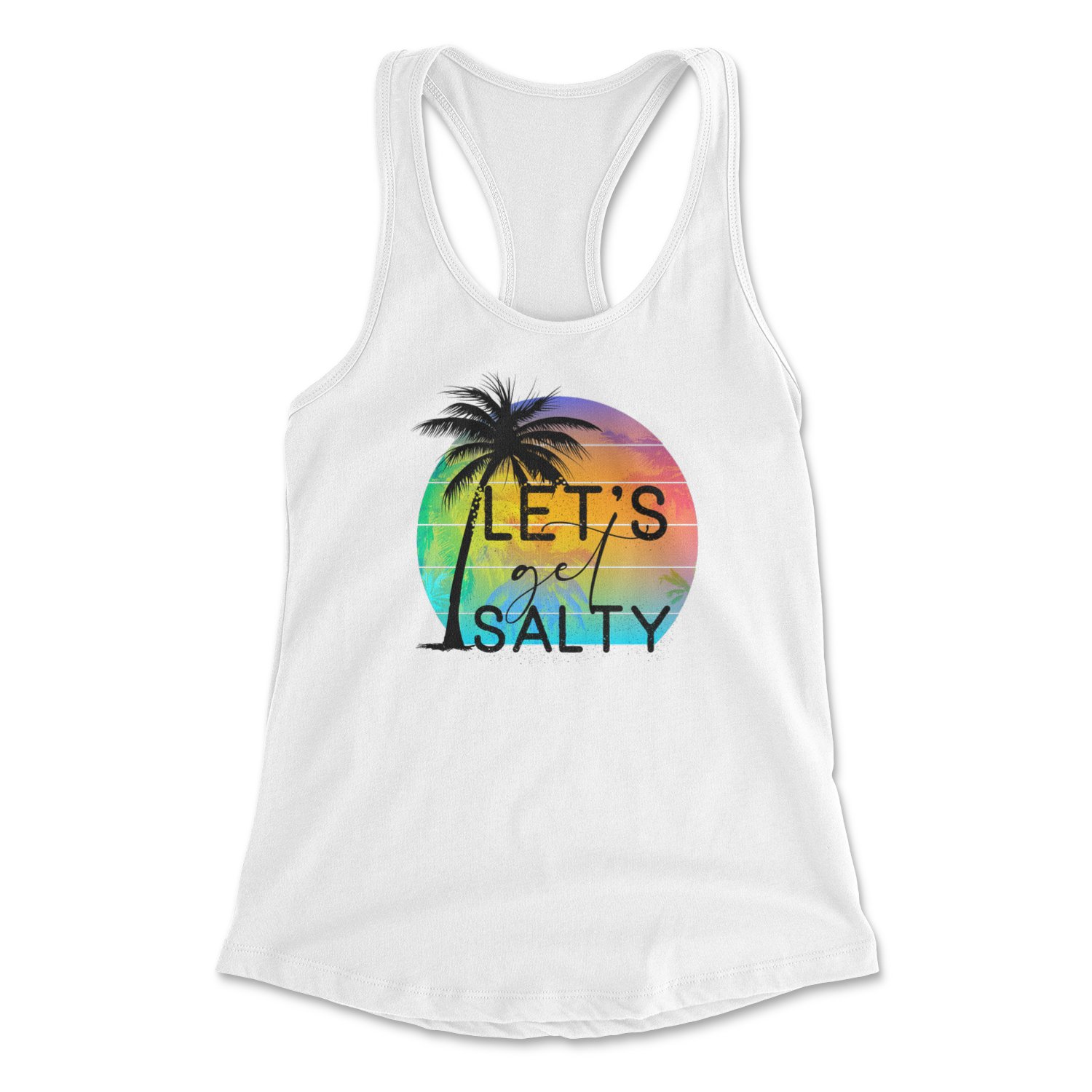 A stylish Let's Get Salty Tank top featuring a racerback design, printed in vibrant colors, showcasing quality craftsmanship made in the USA.