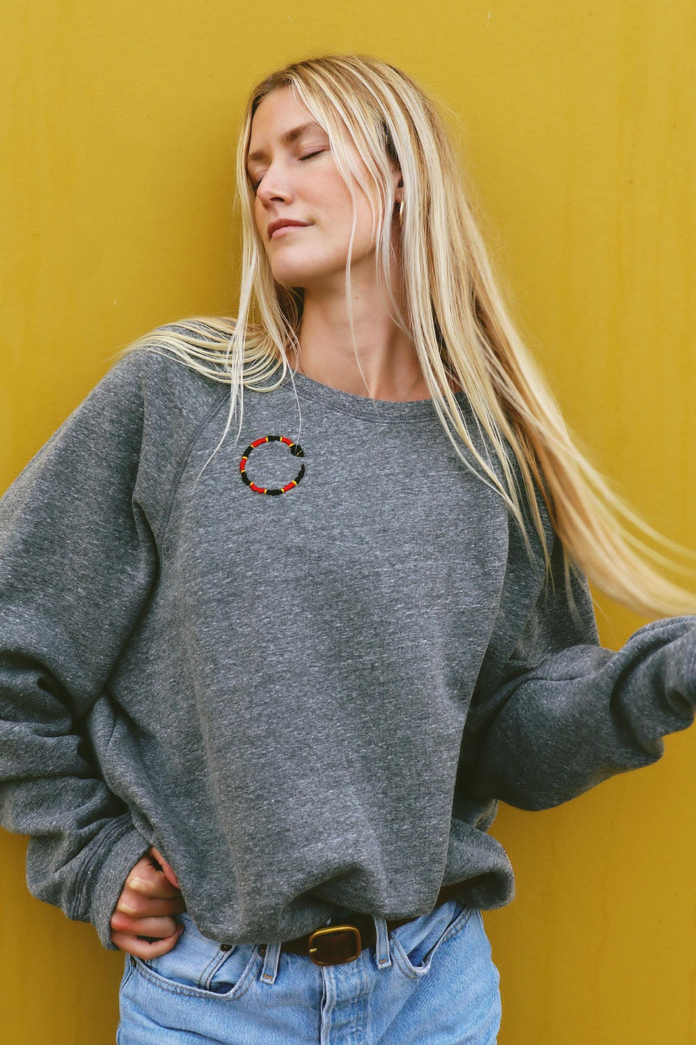 Life Hand Stitched sweatshirt featuring a boxy silhouette and hand-stitched details in heather gray fabric.