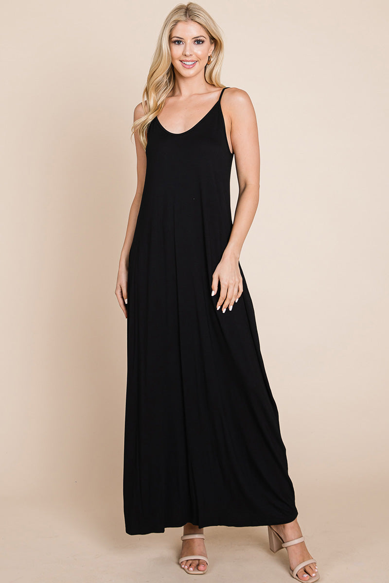 Light Cami Strap Pocketed Jersey Maxi Dress featuring adjustable spaghetti straps and side pockets, perfect for summer wear.