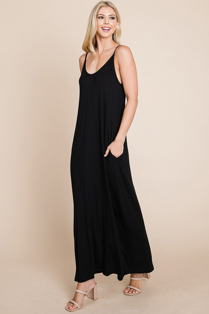 Light Cami Strap Pocketed Jersey Maxi Dress featuring adjustable spaghetti straps and side pockets, perfect for summer wear.