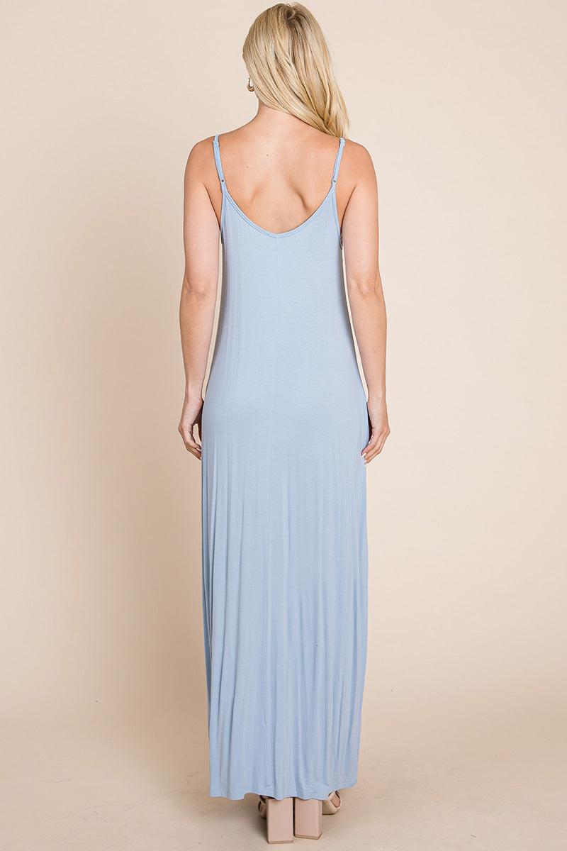 Light Cami Strap Pocketed Jersey Maxi Dress featuring adjustable spaghetti straps and side pockets, perfect for summer wear.