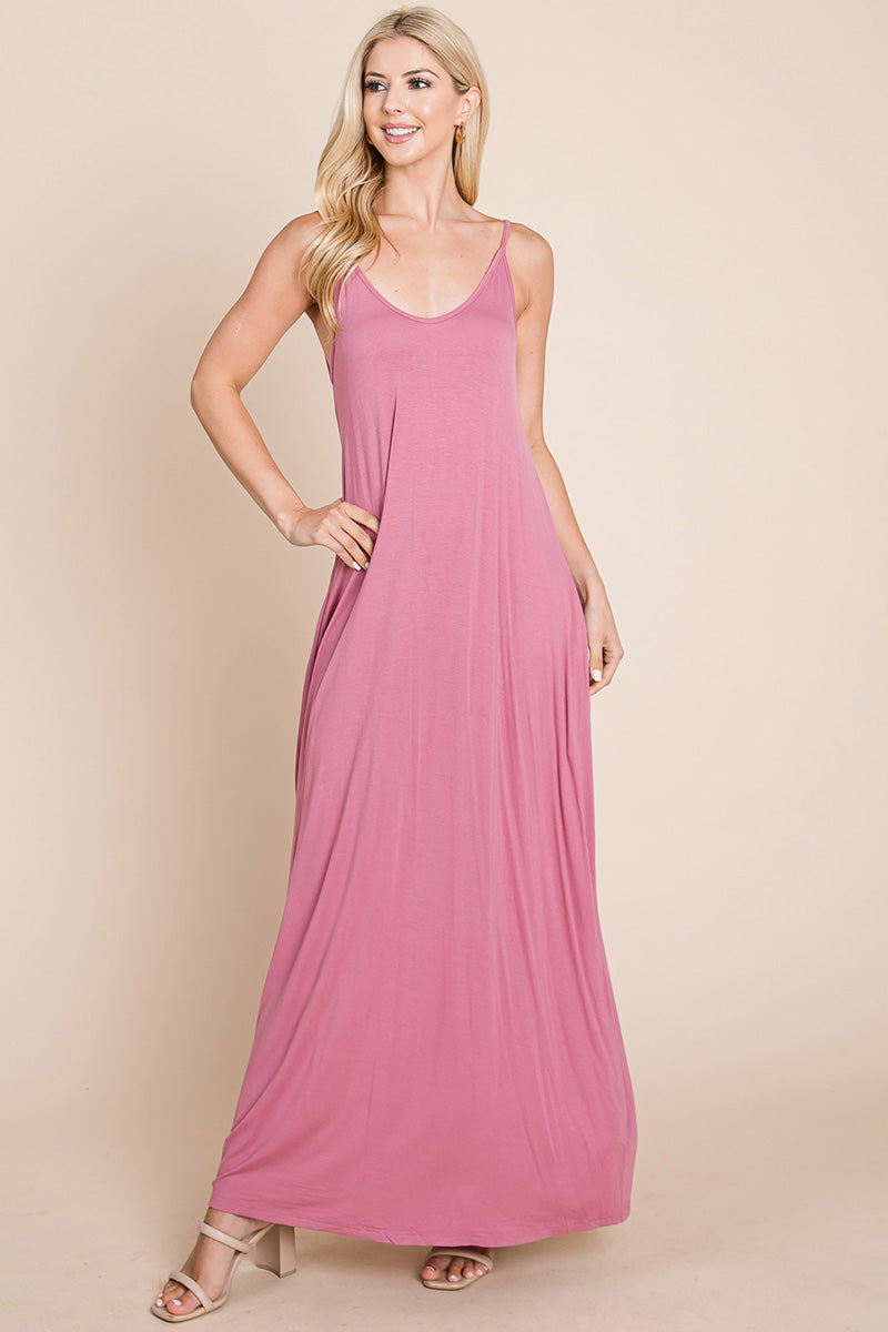 Light Cami Strap Pocketed Jersey Maxi Dress featuring adjustable spaghetti straps and side pockets, perfect for summer wear.