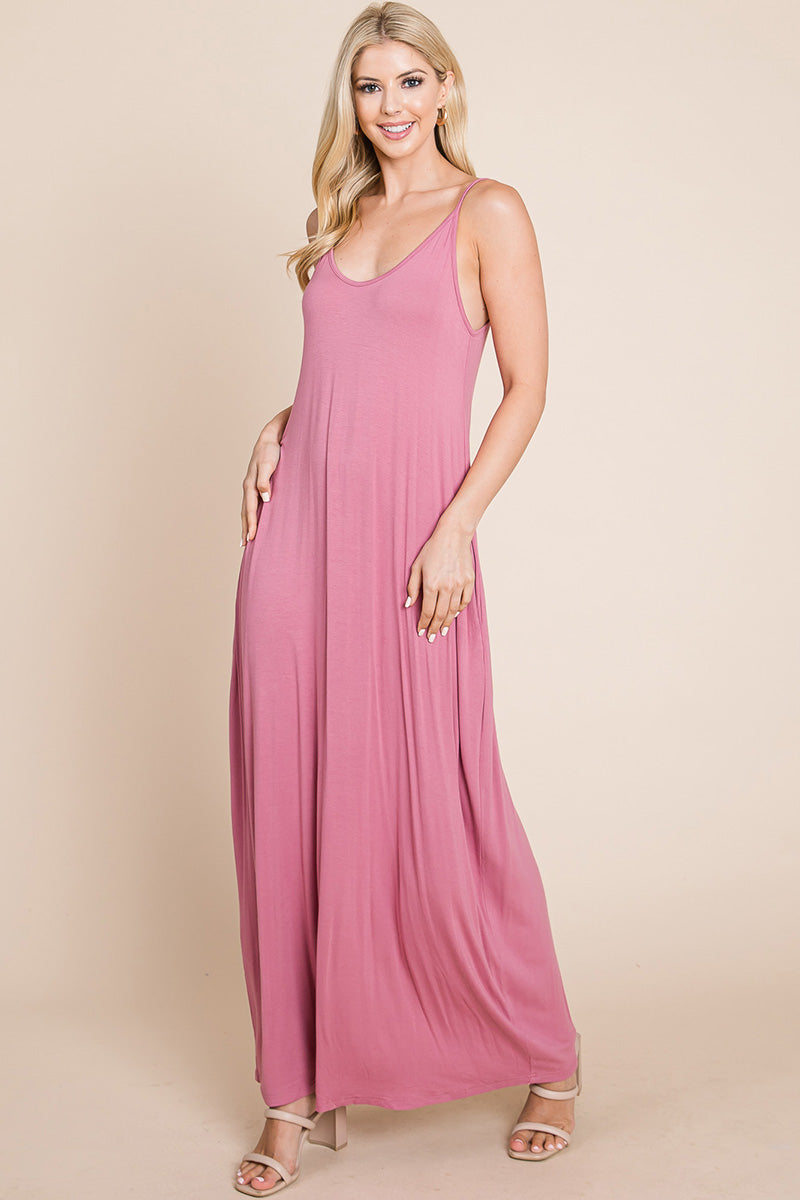 Light Cami Strap Pocketed Jersey Maxi Dress featuring adjustable spaghetti straps and side pockets, perfect for summer wear.