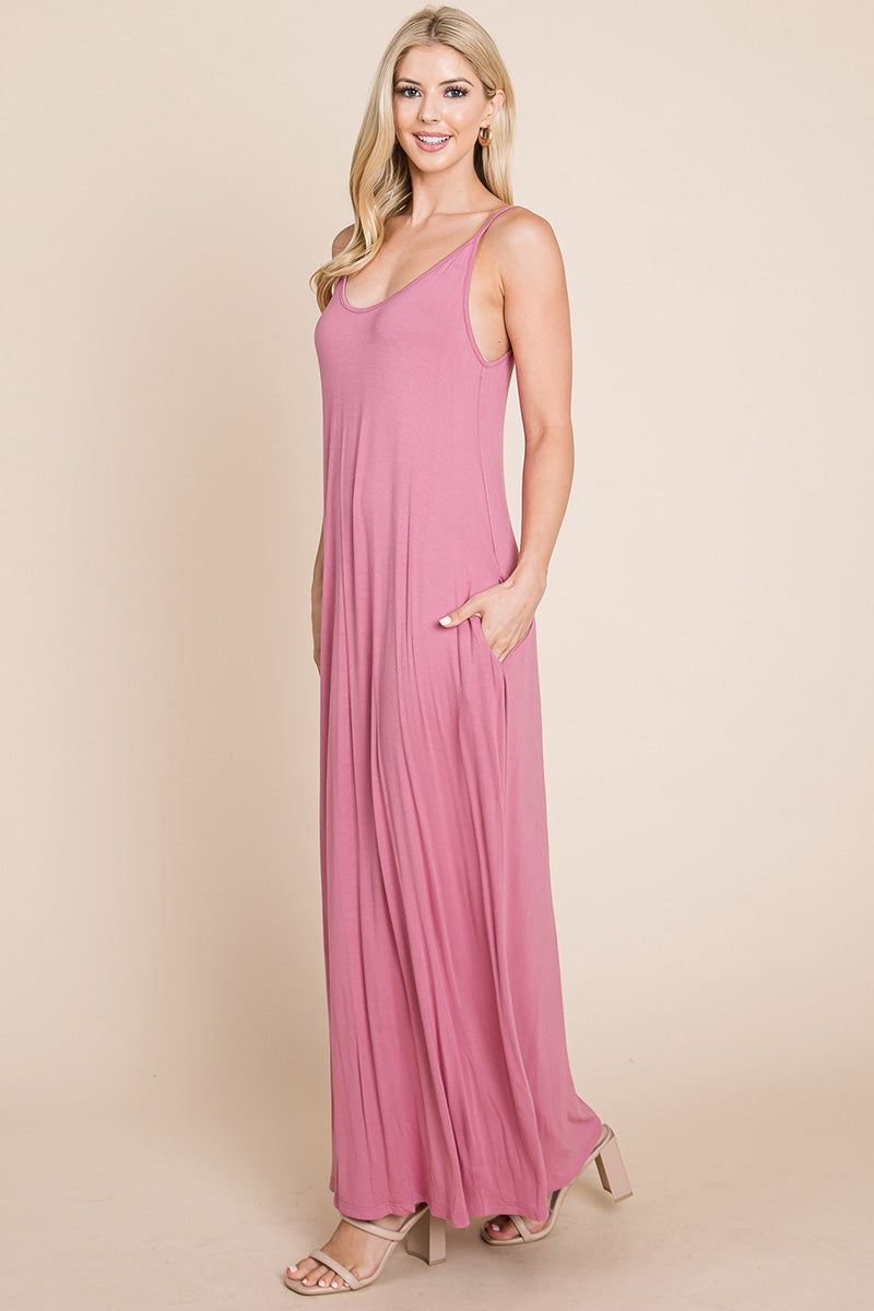 Light Cami Strap Pocketed Jersey Maxi Dress featuring adjustable spaghetti straps and side pockets, perfect for summer wear.