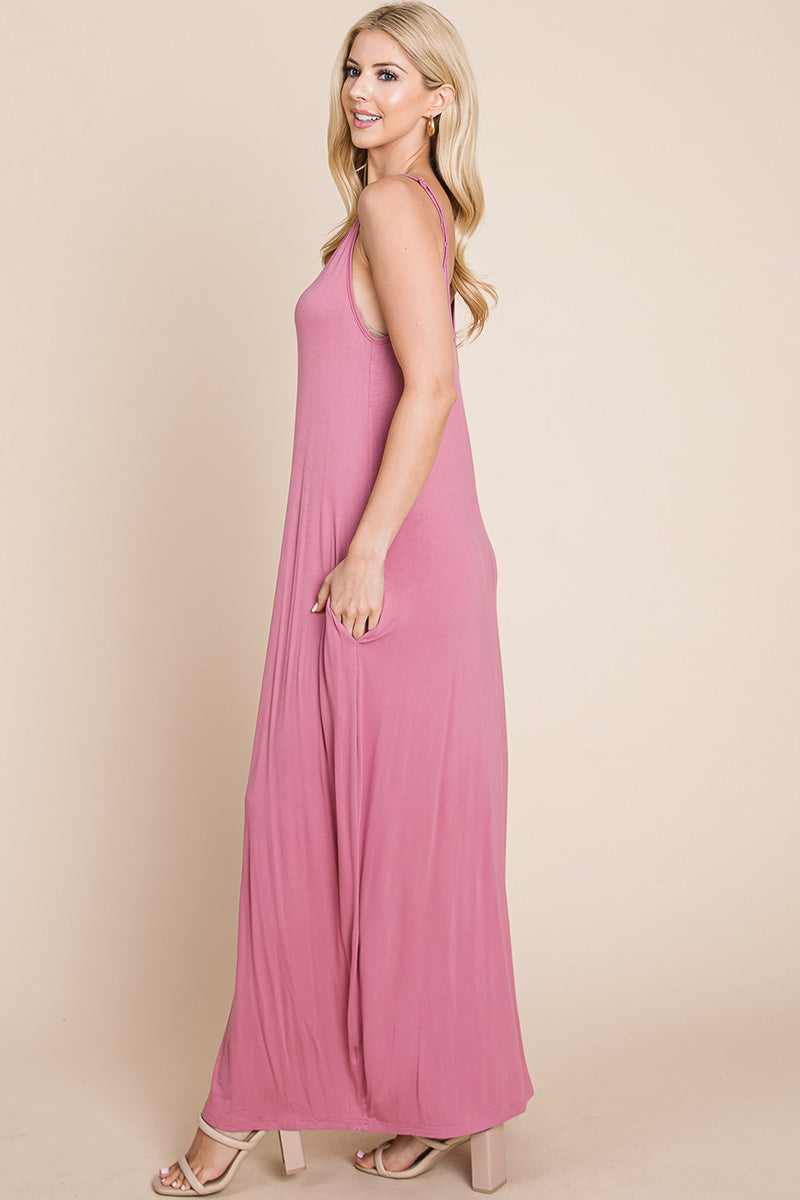 Light Cami Strap Pocketed Jersey Maxi Dress featuring adjustable spaghetti straps and side pockets, perfect for summer wear.