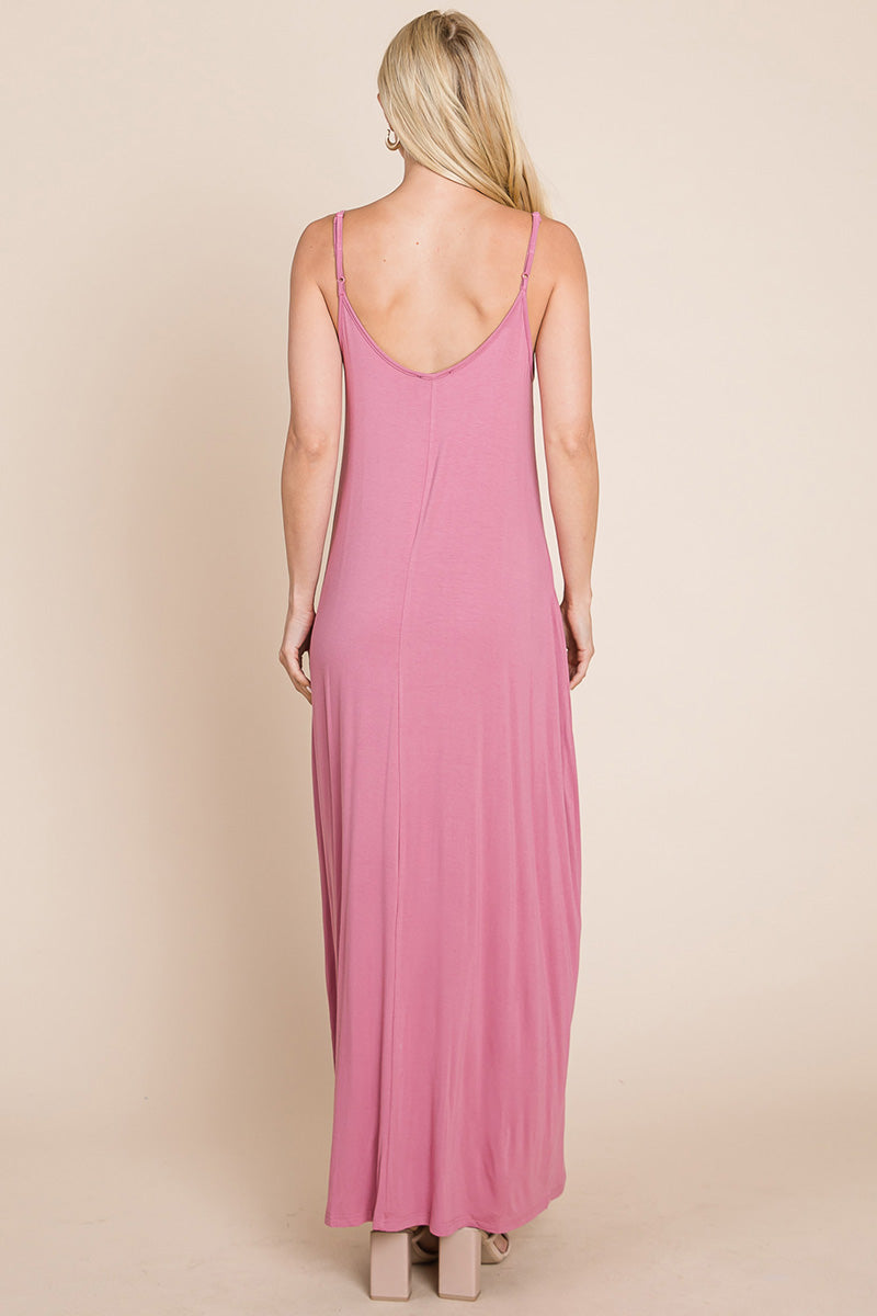 Light Cami Strap Pocketed Jersey Maxi Dress featuring adjustable spaghetti straps and side pockets, perfect for summer wear.