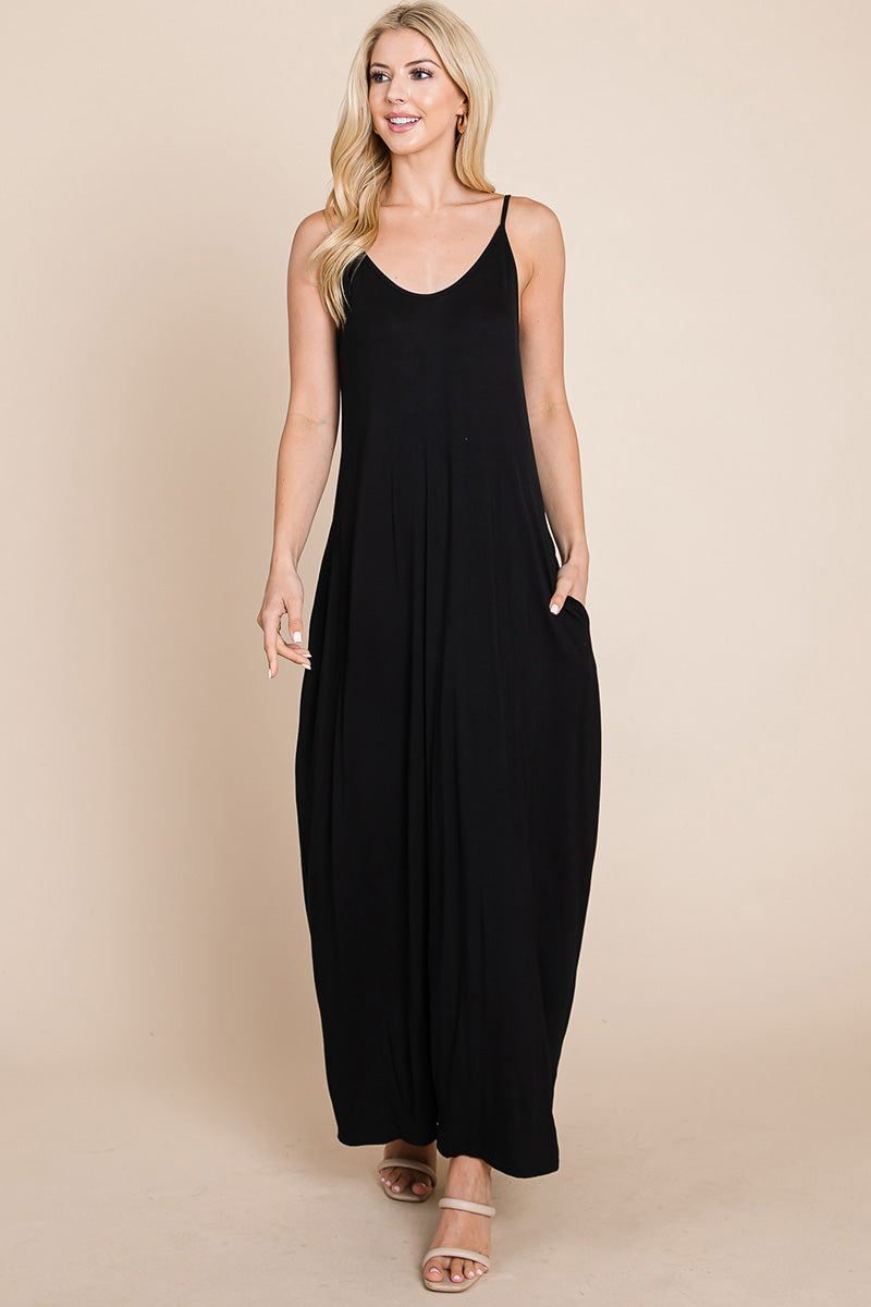 Light Cami Strap Pocketed Jersey Maxi Dress featuring adjustable spaghetti straps and side pockets, perfect for summer wear.