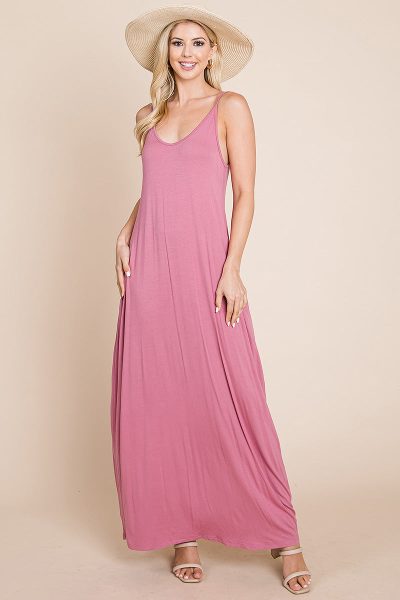 Light Cami Strap Pocketed Jersey Maxi Dress featuring adjustable spaghetti straps and side pockets, perfect for summer wear.