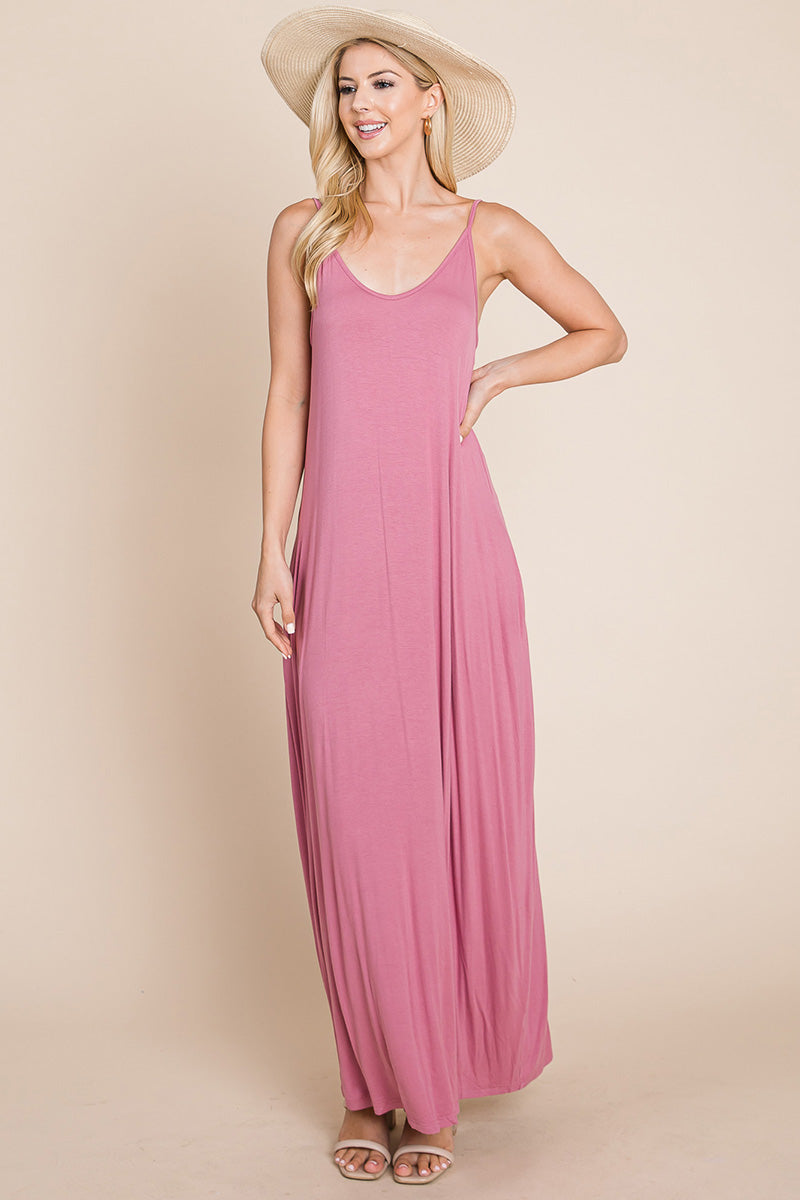 Light Cami Strap Pocketed Jersey Maxi Dress featuring adjustable spaghetti straps and side pockets, perfect for summer wear.