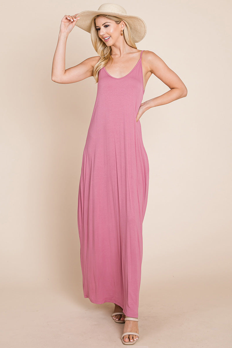 Light Cami Strap Pocketed Jersey Maxi Dress featuring adjustable spaghetti straps and side pockets, perfect for summer wear.