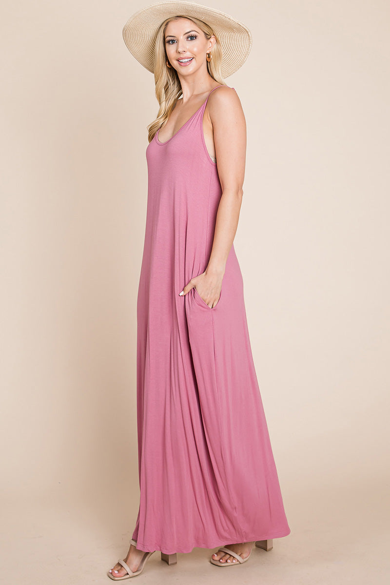 Light Cami Strap Pocketed Jersey Maxi Dress featuring adjustable spaghetti straps and side pockets, perfect for summer wear.