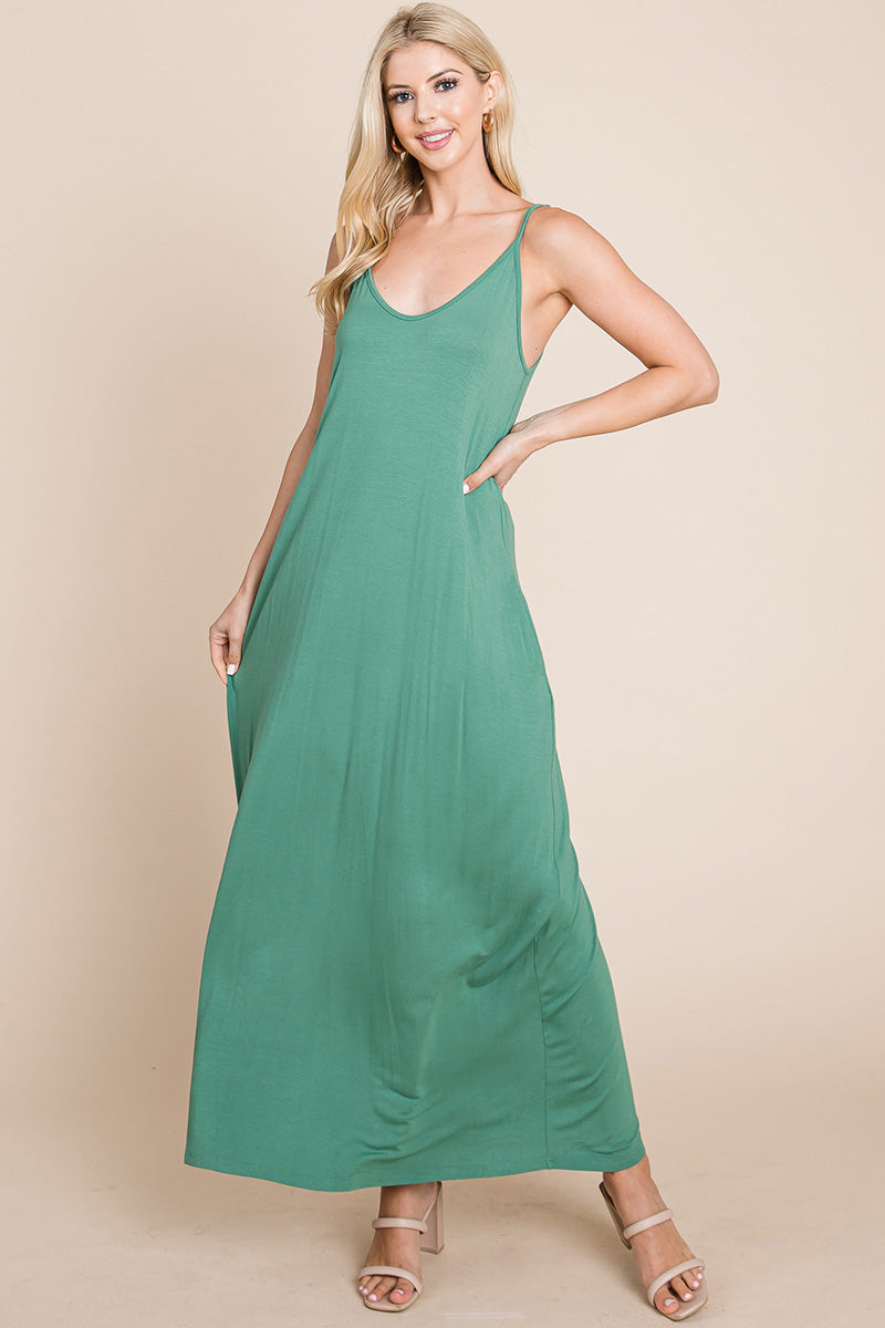 Light Cami Strap Pocketed Jersey Maxi Dress featuring adjustable spaghetti straps and side pockets, perfect for summer wear.