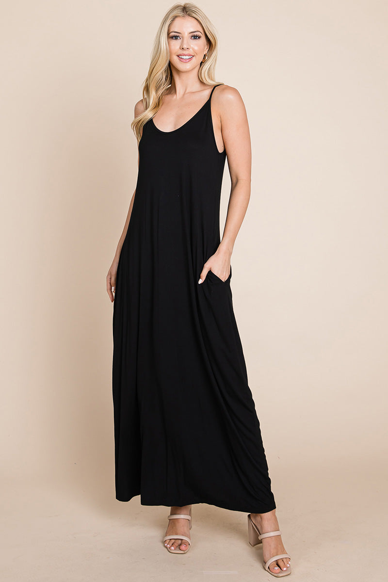 Light Cami Strap Pocketed Jersey Maxi Dress featuring adjustable spaghetti straps and side pockets, perfect for summer wear.