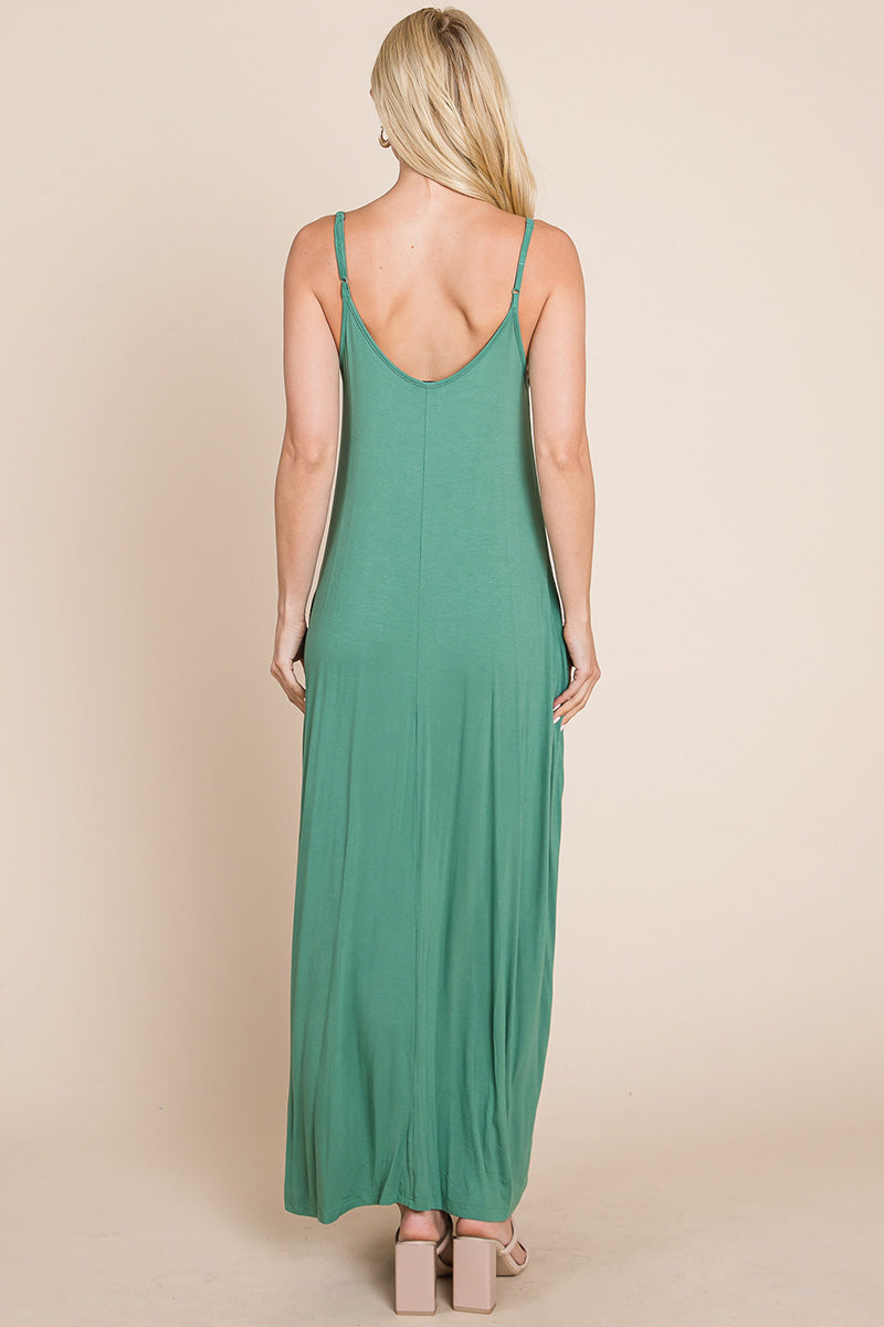 Light Cami Strap Pocketed Jersey Maxi Dress featuring adjustable spaghetti straps and side pockets, perfect for summer wear.