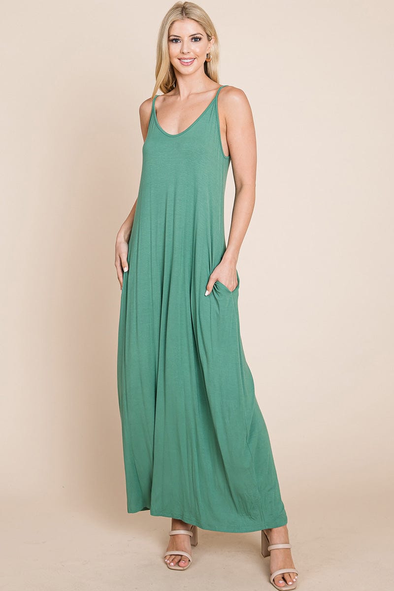 Light Cami Strap Pocketed Jersey Maxi Dress featuring adjustable spaghetti straps and side pockets, perfect for summer wear.