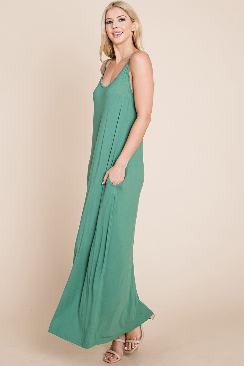 Light Cami Strap Pocketed Jersey Maxi Dress featuring adjustable spaghetti straps and side pockets, perfect for summer wear.