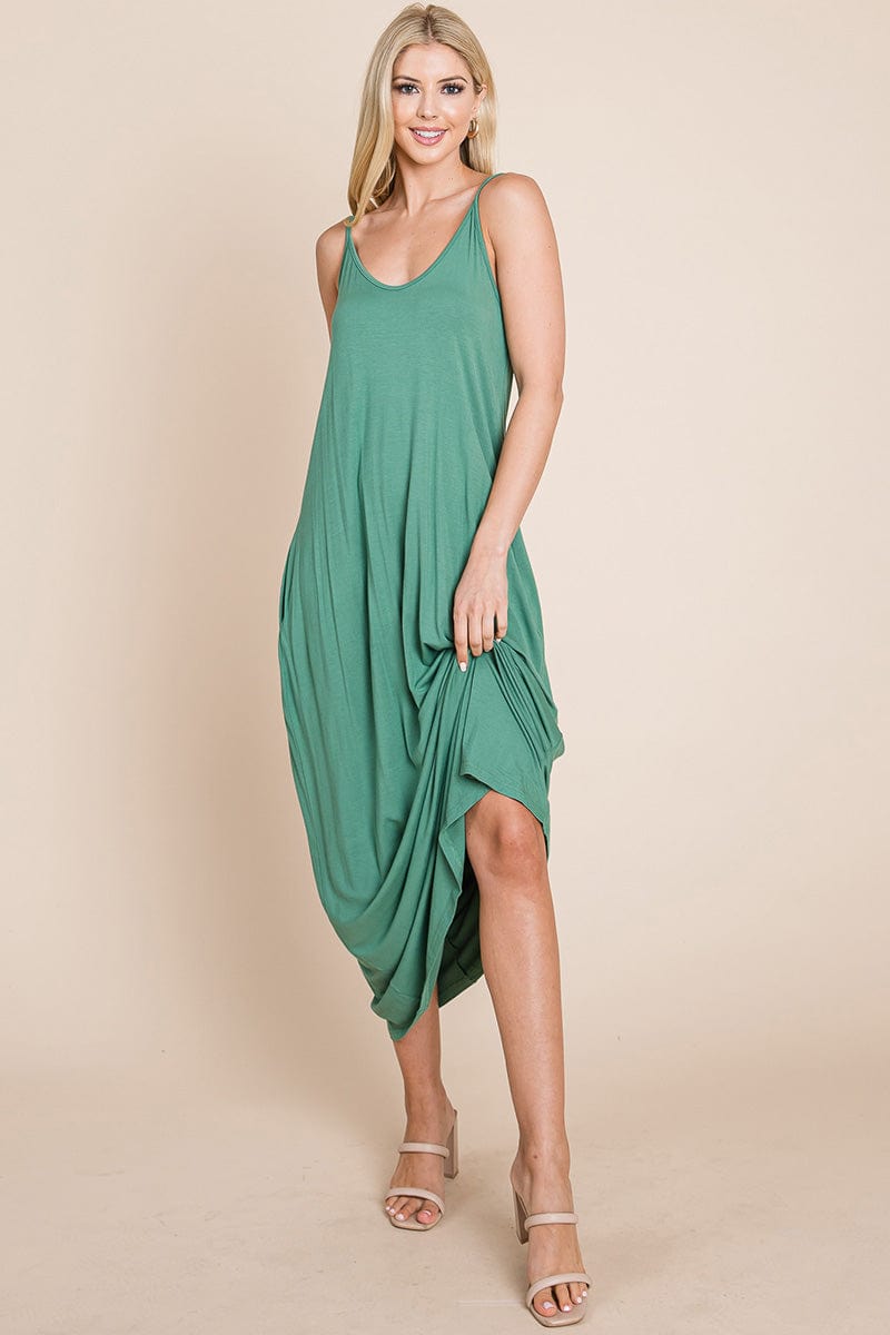 Light Cami Strap Pocketed Jersey Maxi Dress featuring adjustable spaghetti straps and side pockets, perfect for summer wear.