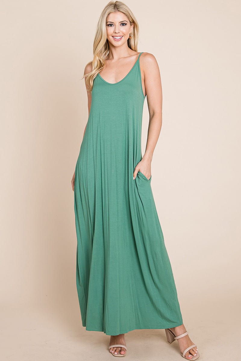 Light Cami Strap Pocketed Jersey Maxi Dress featuring adjustable spaghetti straps and side pockets, perfect for summer wear.