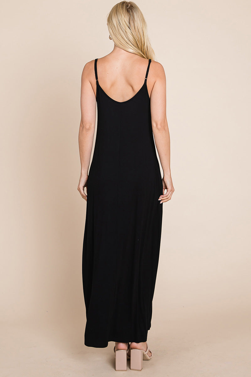 Light Cami Strap Pocketed Jersey Maxi Dress featuring adjustable spaghetti straps and side pockets, perfect for summer wear.