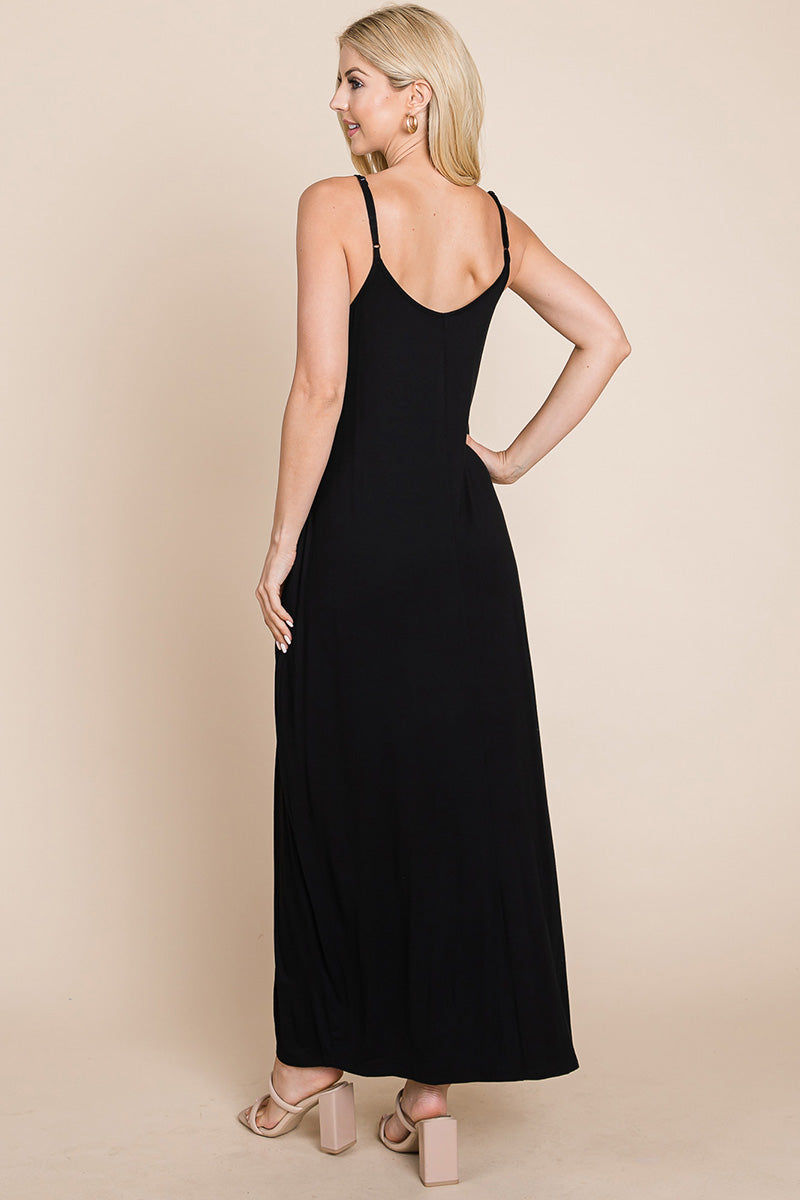 Light Cami Strap Pocketed Jersey Maxi Dress featuring adjustable spaghetti straps and side pockets, perfect for summer wear.