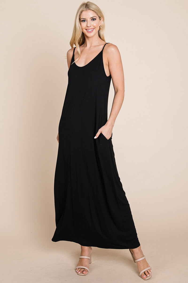 Light Cami Strap Pocketed Jersey Maxi Dress featuring adjustable spaghetti straps and side pockets, perfect for summer wear.