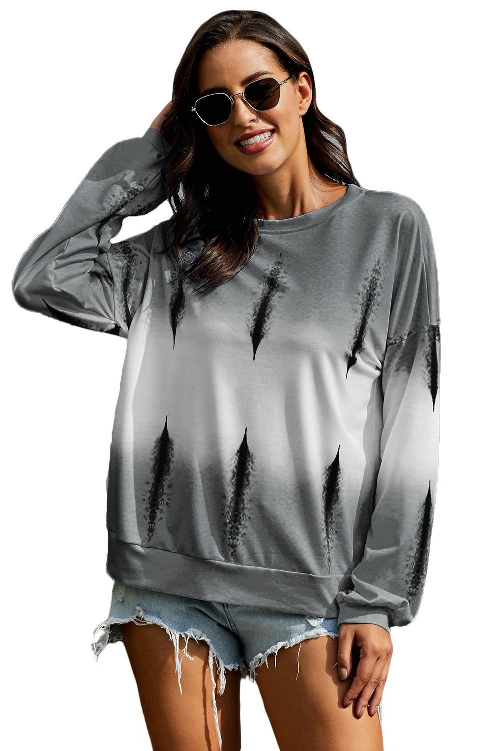 Light gray color block tie dye pullover sweatshirt with oversized fit and baggy sleeves, perfect for casual wear.