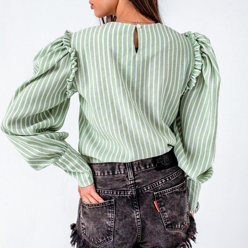 Light green vintage blouse for women with puff sleeves and O-neck collar, perfect for autumn and winter office wear.