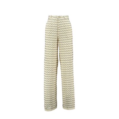 Light Weight Cotton Knit Long Wide Trousers in Marine with beige and marine blue wave pattern, featuring side pockets and wooden effect button.