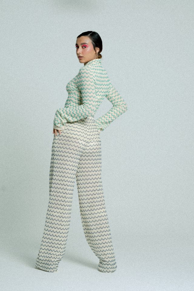 Light Weight Cotton Knit Long Wide Trousers in Marine with beige and marine blue wave pattern, featuring side pockets and wooden effect button.