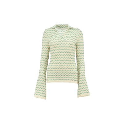 Light Weight Long Sleeve Button Up Cotton Knit Shirt in Green with wooden effect buttons and green wave pattern.