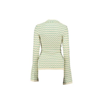 Light Weight Long Sleeve Button Up Cotton Knit Shirt in Green with wooden effect buttons and green wave pattern.