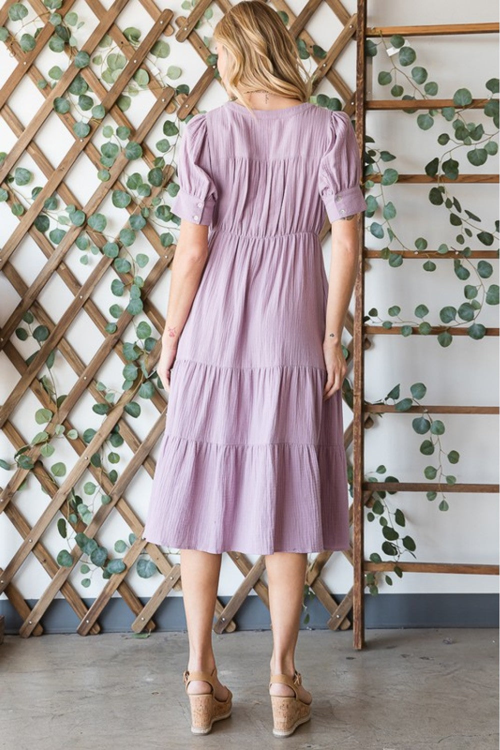 Lilac Breeze Gauze Button Front Midi Dress featuring a fitted top, tiered skirt, and puff sleeves, perfect for casual outings.