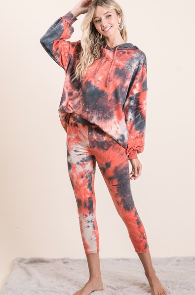 Liliana Hooded Tie Dye Yoga Set featuring a stylish hooded top and matching bottoms in a vibrant tie-dye pattern.