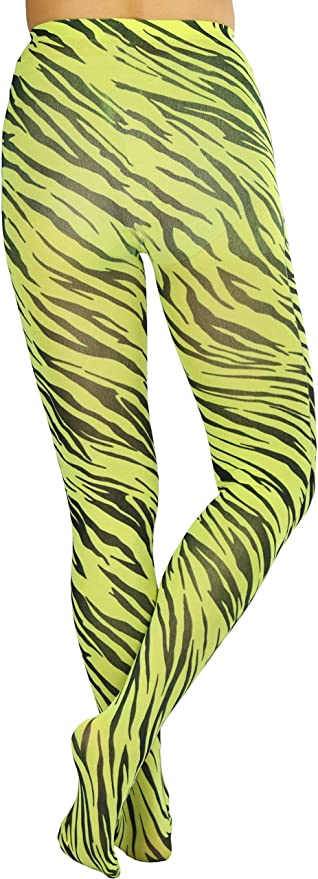 Lime Zebra Pantyhose featuring a bold zebra pattern in vibrant lime color, designed for comfort and style.