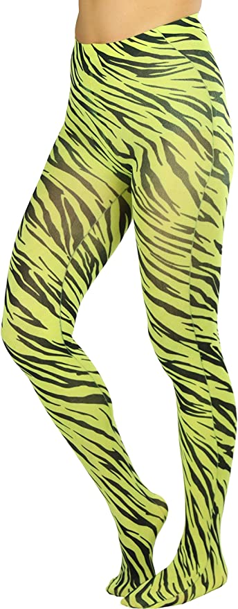 Lime Zebra Pantyhose featuring a bold zebra pattern in vibrant lime color, designed for comfort and style.