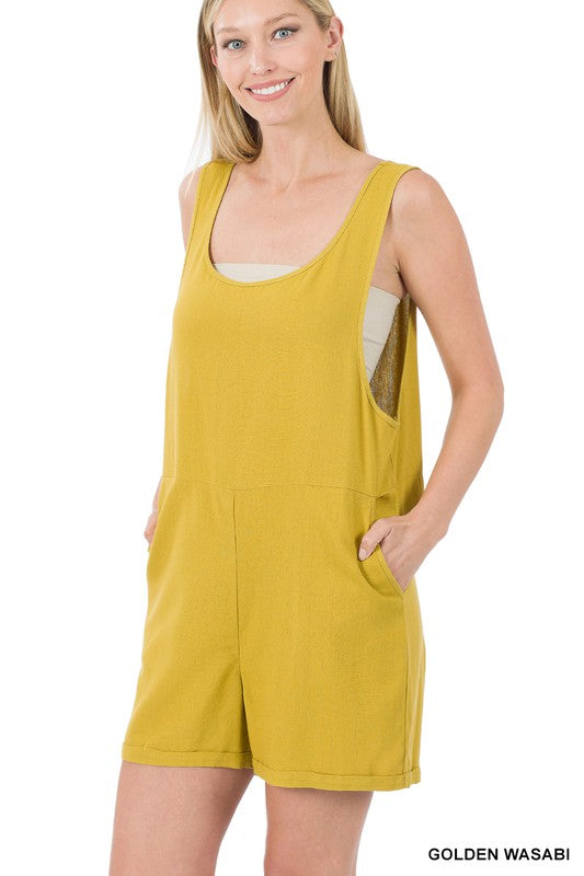 A stylish Linen Romper with pockets, showcasing its lightweight fabric and modern design, perfect for summer wear.