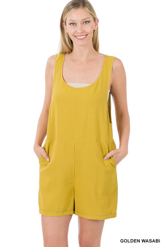 A stylish Linen Romper with pockets, showcasing its lightweight fabric and modern design, perfect for summer wear.