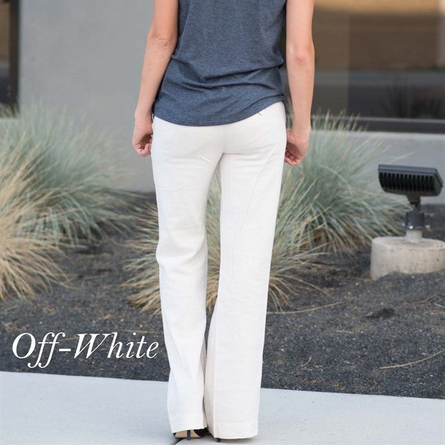 A pair of stylish linen work pants featuring a drawstring waist, perfect for both casual and professional settings.