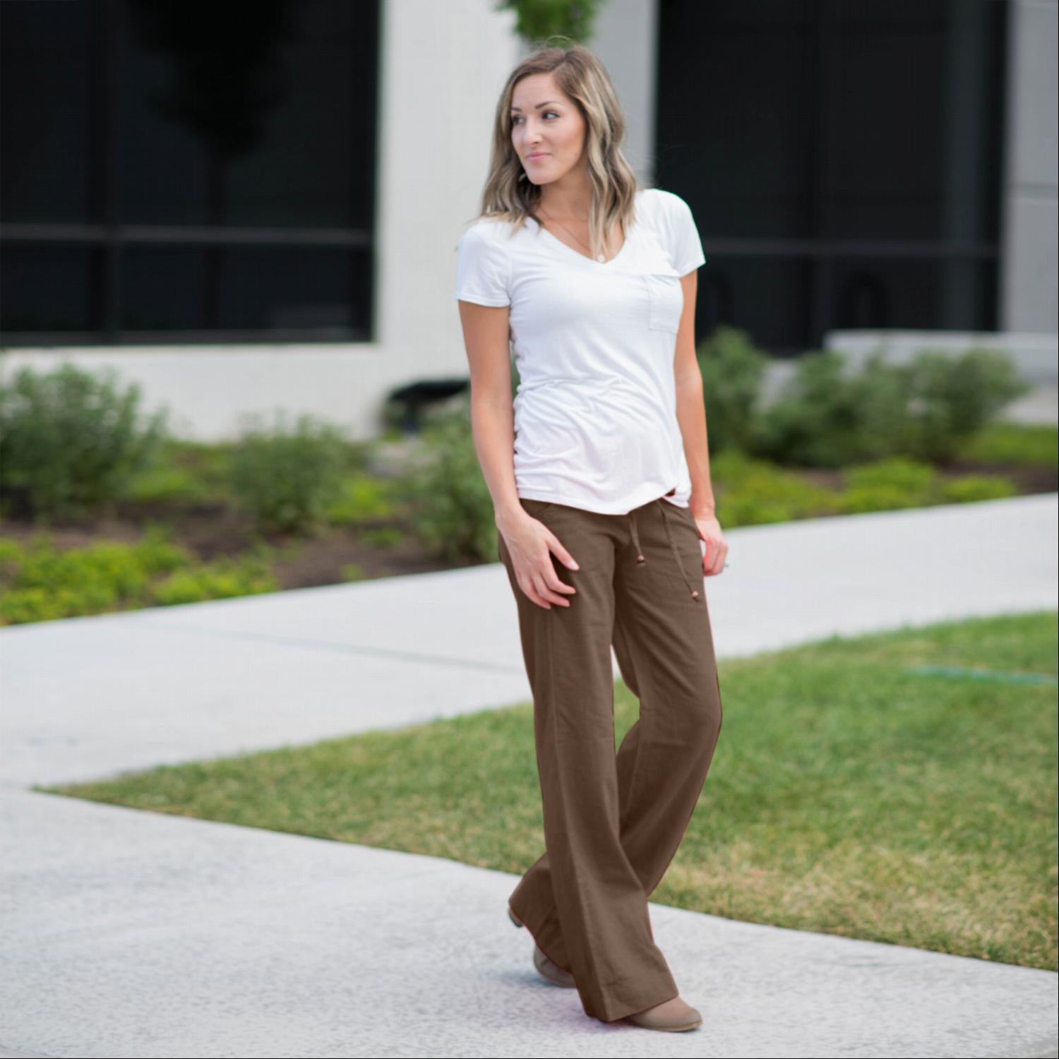 A pair of stylish linen work pants featuring a drawstring waist, perfect for both casual and professional settings.