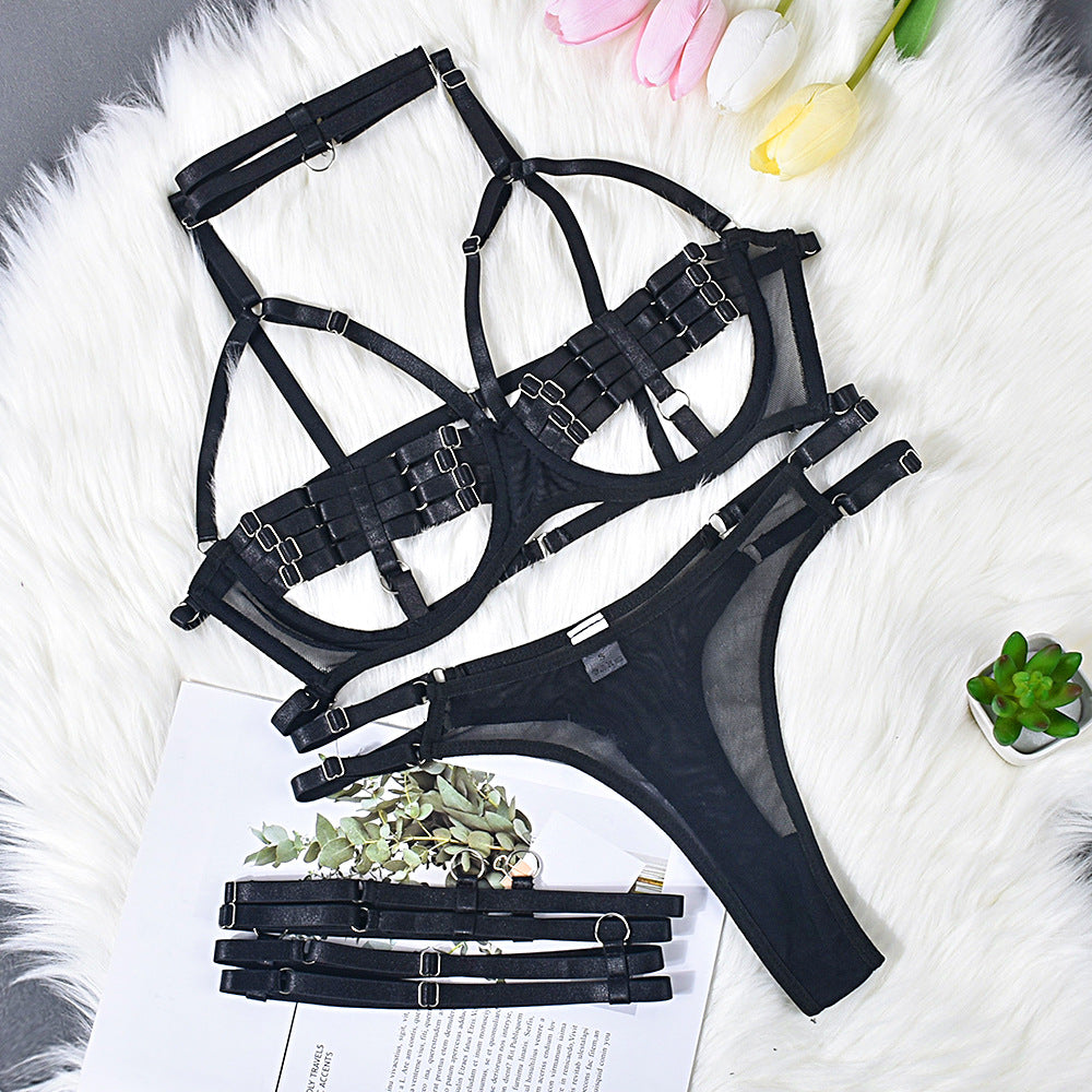 Sexy Temptation Lingerie Set featuring complex shoulder straps and intricate cutout details in elegant mesh fabric.