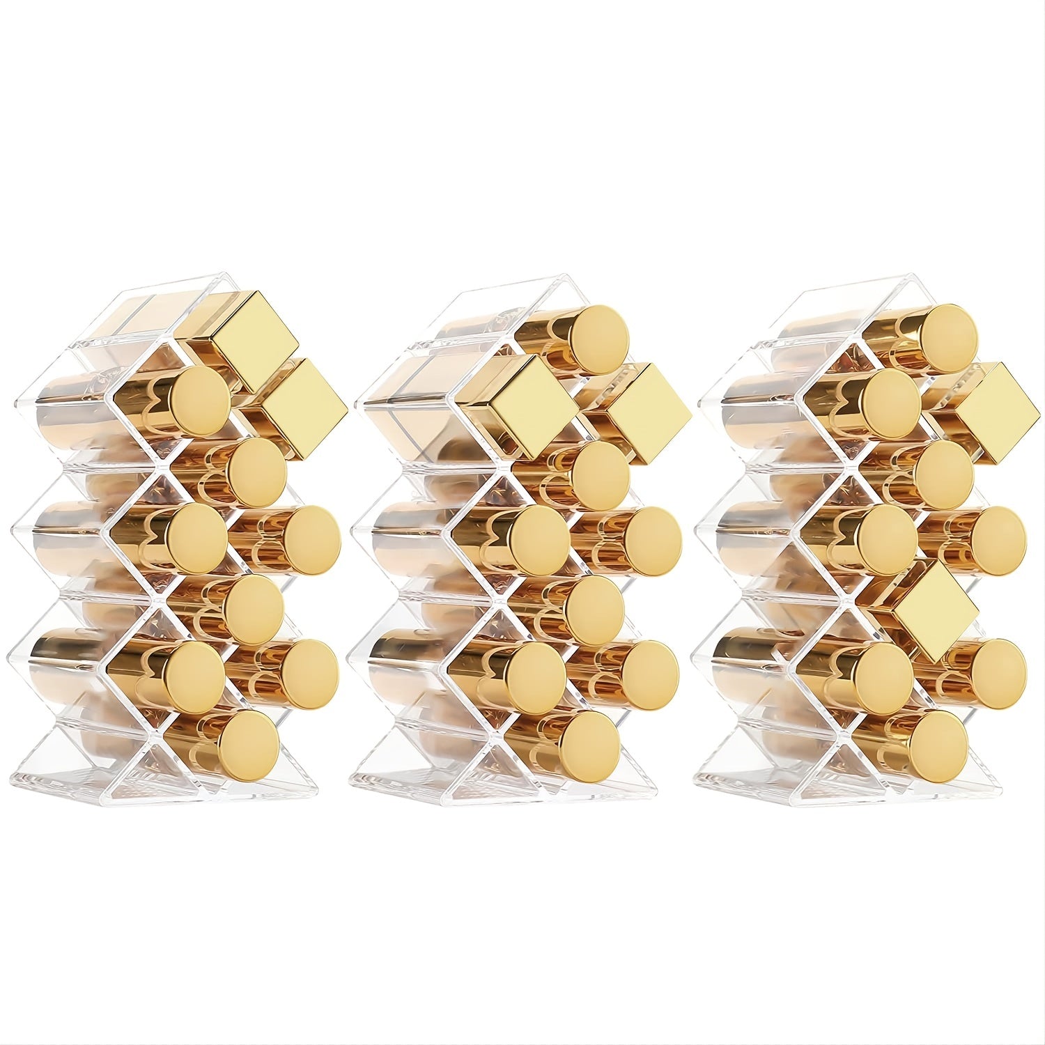 A clear acrylic lipstick holder organizer displaying multiple lipsticks in an elegant arrangement.