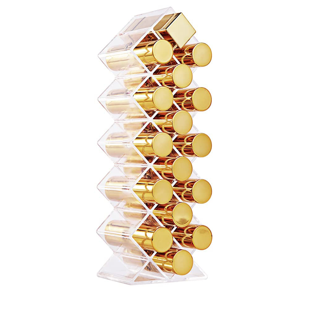 A clear acrylic lipstick holder organizer displaying multiple lipsticks in an elegant arrangement.